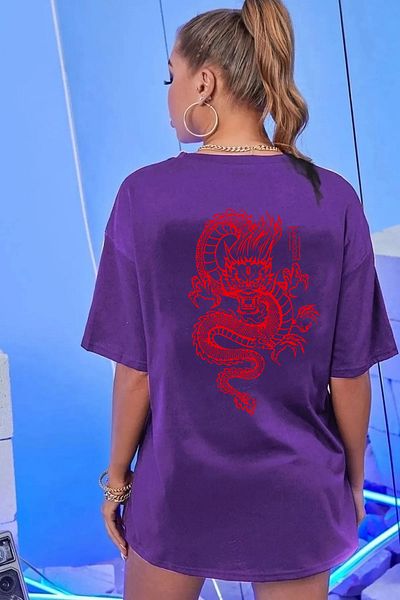memowear Unisex Red Dragon Printed Relaxed Cut Purple T-Shirt