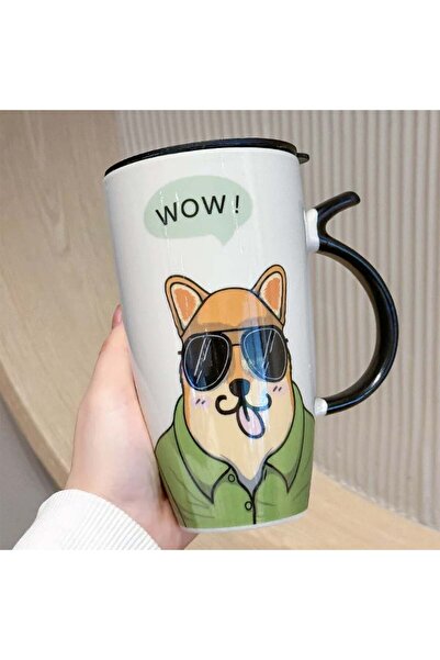 PUFO Stylish tall ceramic mug with lid, for coffee or tea, 450 ml