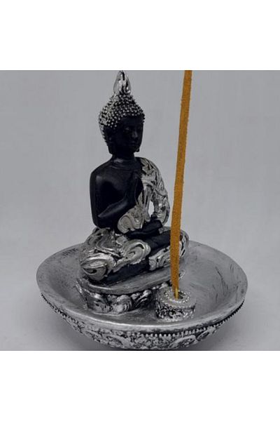 PUFO Statuie decorativă Buddha cu suport pentru bețișoare parfumate, 11 cm, argintiu/negru