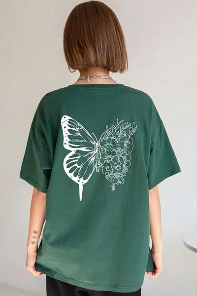 yueswear Πράσινο μπλουζάκι Unisex με στάμπα με χαλαρή εφαρμογή