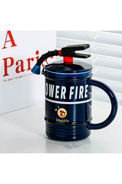 PUFO Cană ceramică Stop Fire cu capac și linguriță pentru cafea sau ceai, 400 ml, albastră