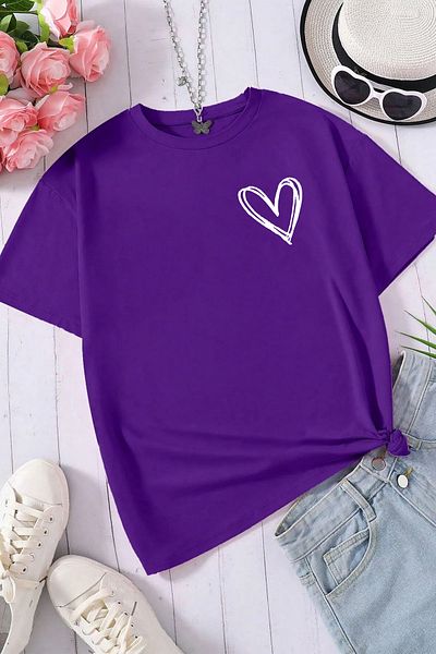 yueswear Μωβ μπλουζάκι Unisex Heart Printed Relaxed Cut