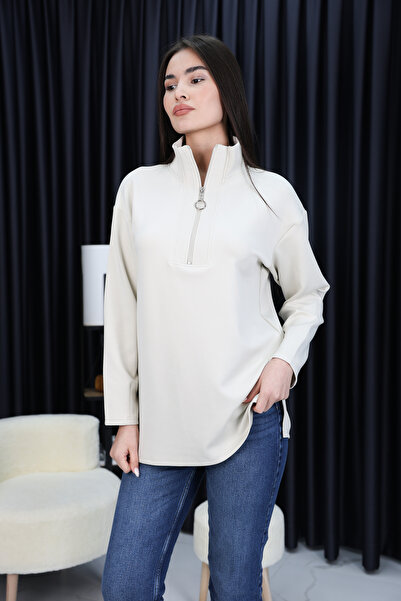 Trendingsize Stone Oversize Zipper Detailed Scuba Knitted Tunic