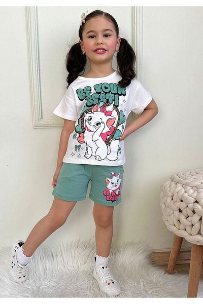 Yağmur Giyim Pjkskt Cute Kitten Pattern Girl's Short Sleeve Suit with Green Shorts 7566-Y