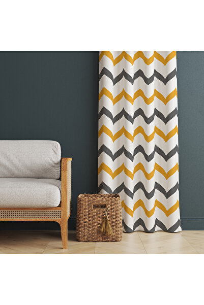 LadiesHome Yellow & Gray Zigzag Patterned Background Curtain – Modern and Vibrant Decoration 140X260 cm Single Wing