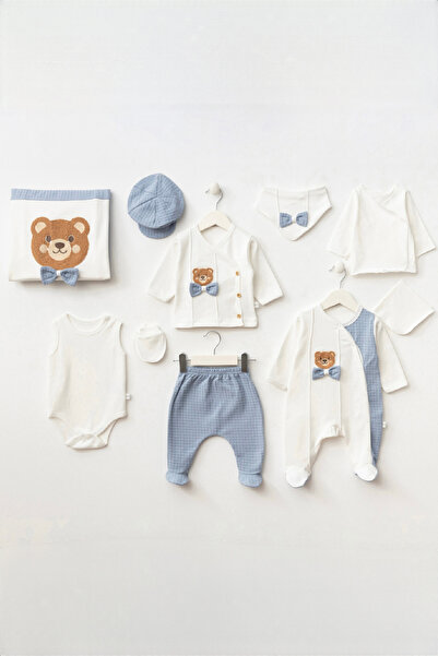 Cherub Baby Süzene Ayıcıklı Nervüllü Erkek Bebek Yenidoğan 10 Parça Hastane Çıkışı Zıbın Seti