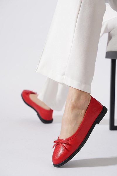 Moda Pie Lewkes Flat Bow Genuine Leather Women's Ballerinas Red Skin
