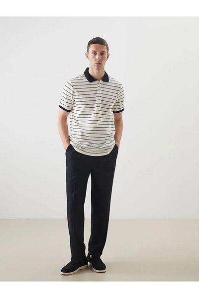 LC Waikiki Ανδρικό μπλουζάκι με υφή LCW Vision Ecru Polo Collar ριγέ χτενισμένο βαμβακερό