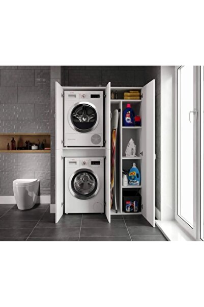 Eriza Home Çamaşır Ve Kurutma Makinesi Dolabı, Ütü Masası Ve Temizlik Kovası Bölmeli Çok Amaçlı Banyo Dolabı