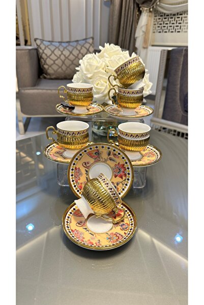 Vakıf home ACAR Porselen Tolede 6 Kişilik 12 Parça Çiçekli Kahve Fincan Takımı Seti 90 ml