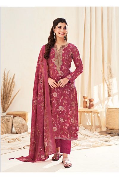 MAJESTIC STYLE FASHION Pure Modal Printed Dress Material with Foil Detailing & Neck Embroidery – 3 Piece Set