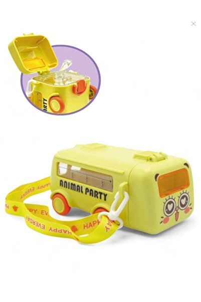 EyER Shoping قارورة مصممة على شكل حافلة مع شفاطة - زجاجة مياه ملونة لأطفال المدارس مع حزام للرقبة - زجاجة ماء 500 مل أصفر