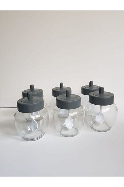 abenim 6 Pieces Gray Matte Lid Spice Jar Set with Spoon - 330 ml - Glass Jar