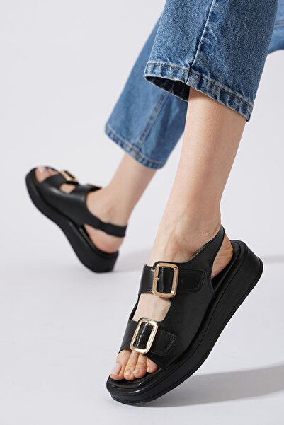 Moda Pie Sandale de damă Biyas cu cataramă dublă, cu formă de colț, piele neagră