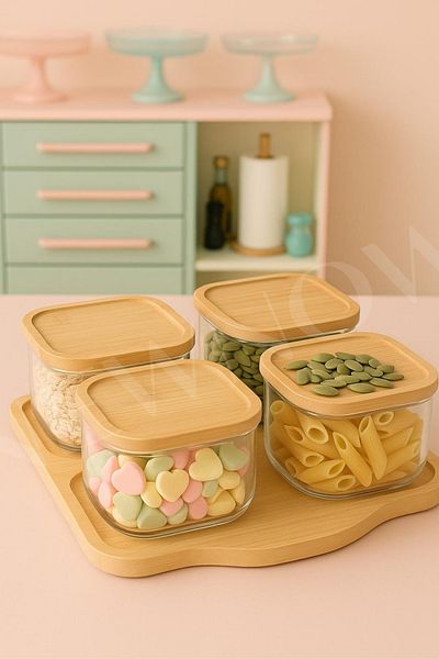 NEWNOW Bamboo Breakfast Set of 4, Borosilicate Glass, Natural Bamboo Tray with Vacuum Lid