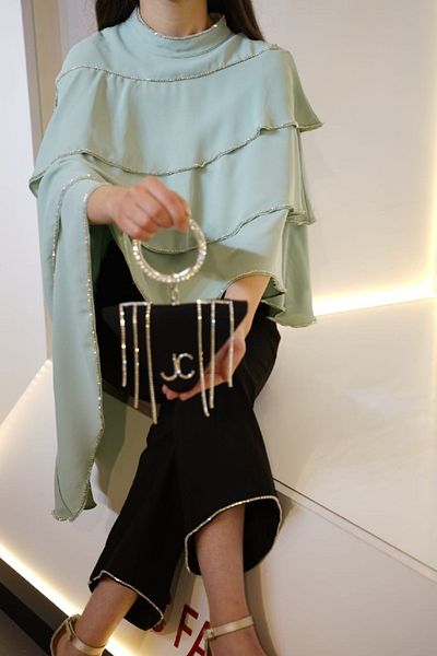 Ribbon kids Glittery Layered Poncho Blouse Girl Set – Special Occasion Combination with Black Trousers + Bag