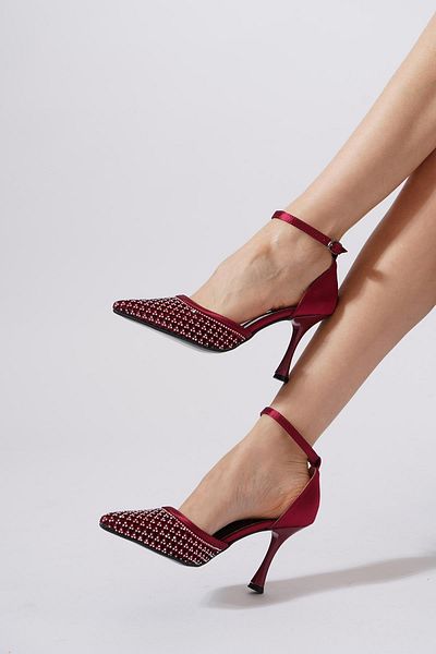 Moda Pie Satler Mesh Stone Women's Evening Dress Heeled Shoes Burgundy Satin