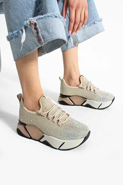 KOTAN Καθημερινά μπεζ-πολλαπλές πέτρες λεπτομερή γυναικεία αθλητικά παπούτσια με κορδόνια πλεκτά εύκαμπτα ελαφριά αθλητικά παπούτσια για περπάτημα