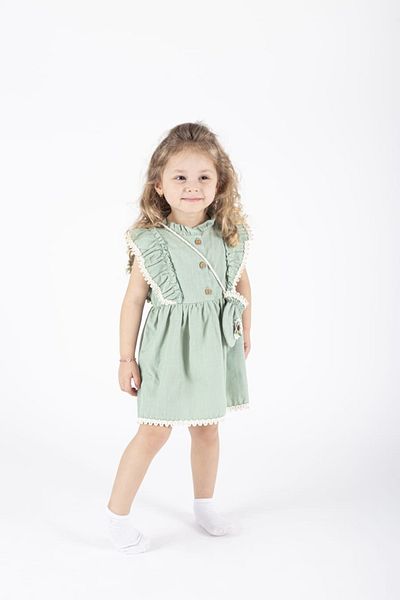 Nehirim Kids Girl's Bag and Lace Short Sleeve Summer Salopet Green Dress (2-3-4-5 Years)