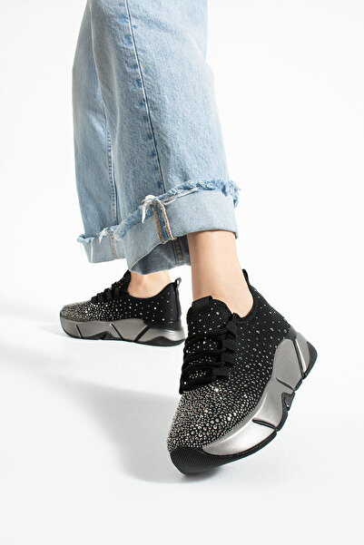KOTAN Siyah Taş Detaylı - Günlük Kadın Sneaker Bağcıklı Triko Esnek Hafif Ve Kalın Yürüyüş Spor Ayakkabı