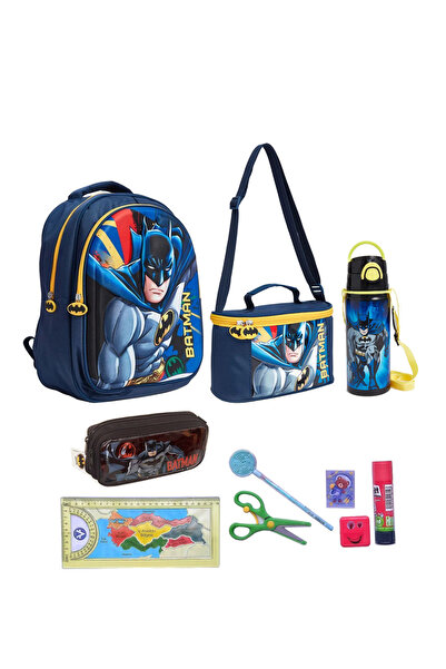 Batman 3D Embossment First School Bag Lunchbox Metal Water Bottle Pen Holder and Stationery Set 10 Pieces