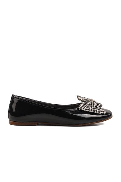 Aspor Black Patent Leather Girl's Ballerina Ballerina with Bow Ribbon