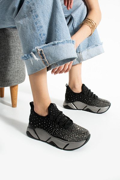 KOTAN Λεπτομέρεια από μαύρη πέτρα - Casual γυναικεία αθλητικά παπούτσια με κορδόνια ελαστικά ελαφριά και χοντρά αθλητικά παπούτσια για περπάτημα