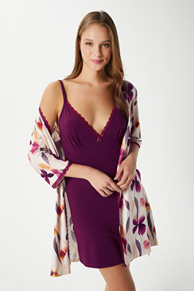 Ritnice Women's Mary Plum Flower Pattern Dressing Gown Nightgown Double Pajama Set