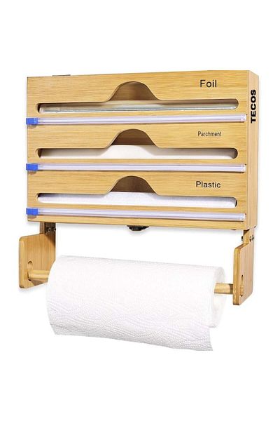 TECOS Suport de bucatarie din bambus 4in1, folie de aluminiu, cutter integrat, 31x39,5x11 cm
