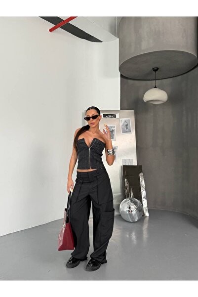 DENİKK Trend Strapless Crop Denim Jean Distressed Washed Bustier