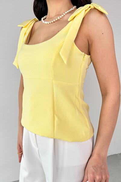 Cappmoda Blz-06286 Yellow Pool Neck Strap Blouse