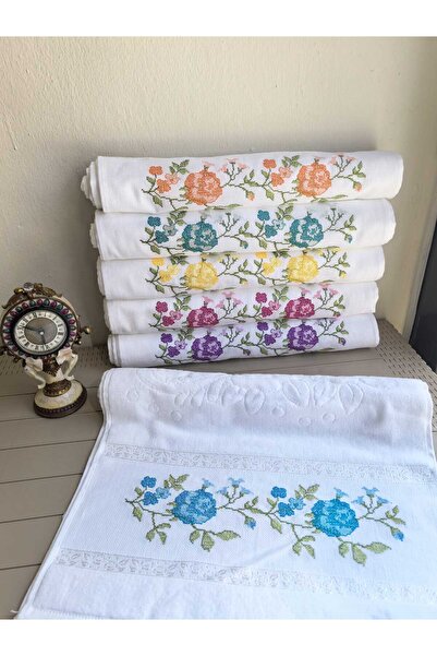 Peacock 6 Adet Kanaviçe Nakışlı Çeyizlik Güpürlük El Havlusu 50x90