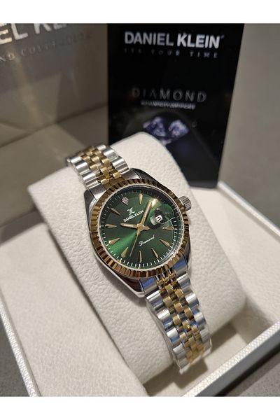 Daniel Klein Dk(Certified with Diamonds)Gold/Metallic Green Dial Steel Bracelet Women's Wristwatch with Calendar