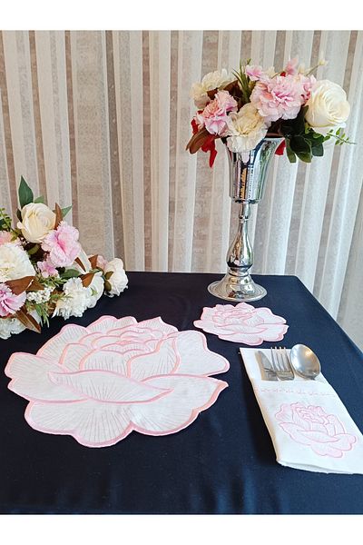 Misue Handmade Flower Pattern Embroidered American Service Set, Cocktail Presentation Napkin, Tableware Presentation Plate Coaster Plate