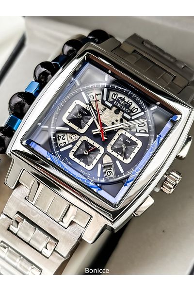 FERRO In Stylish Box, Silver Navy Blue, Steel Cord, Square Dial, Functional Men's Watch Bracelet Gift