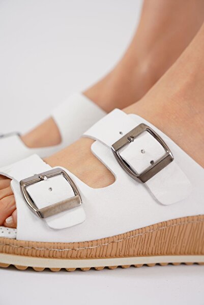 Moda Pie Γυναικείες παντόφλες Resna Double Buckle Γνήσιο Δέρμα Λευκό δέρμα