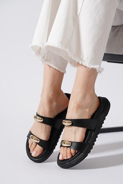 Moda Pie Γυναικείες παντόφλες Admos Double Band Top Buckle Μαύρο δέρμα