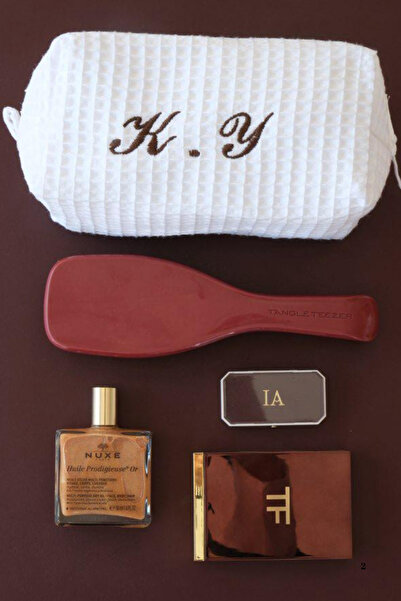 Beige & Stone Pamuklu Waffle Kişiye Özel Makyaj Çantası