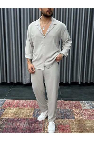 Elvino Bürümcük Crinkle Fabric Summer Lycra Unisex Men's Summer Comfortable Shirt Pants Set