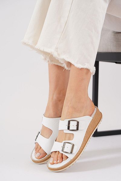 Moda Pie Γυναικείες παντόφλες Resna Double Buckle Γνήσιο Δέρμα Λευκό δέρμα