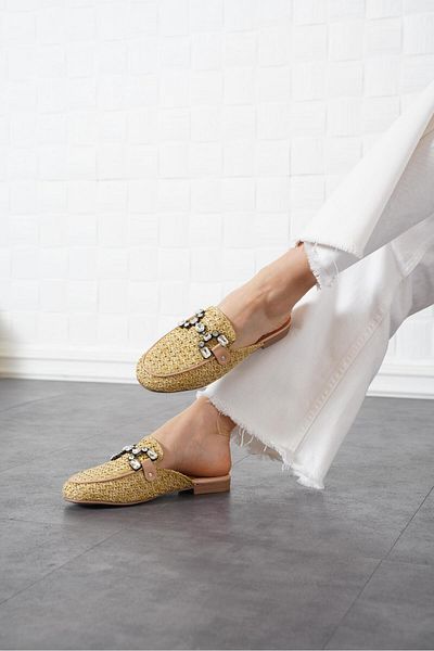 Moda Pie Γυναικείες παντόφλες Pevere Stone Buckle Straw