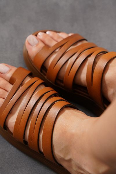 Moda Pie Γυναικείες παντόφλες Noresa Vaketa Banded από γνήσιο δέρμα Tan Skin
