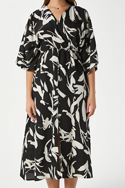 Ritnice Γυναικείο φόρεμα Tamara Black Ecru με ελαστική μέση με διπλό στήθος βισκόζη