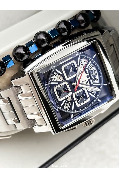 FERRO In Stylish Box, Silver Navy Blue, Steel Cord, Square Dial, Functional Men's Watch Bracelet Gift