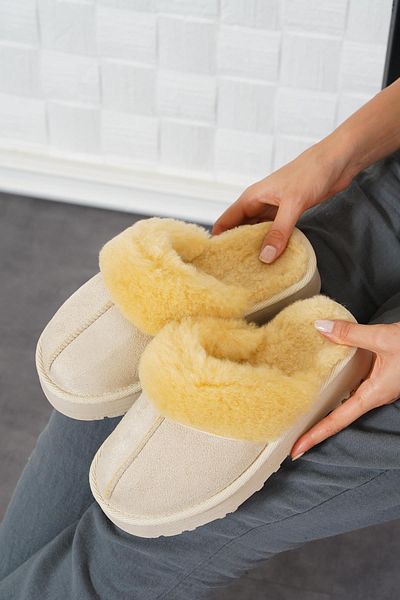 Moda Pie Γυναικείες παντόφλες Penny Thick Sole Furry Beige Suede