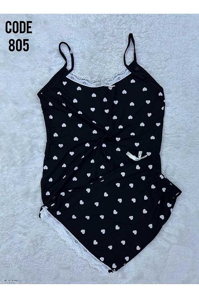 XORVİO Women's Rope Strap Black Heart Pattern Shorts Set Lace Detailed Stylish Summer Large Size Oversize Pajamas