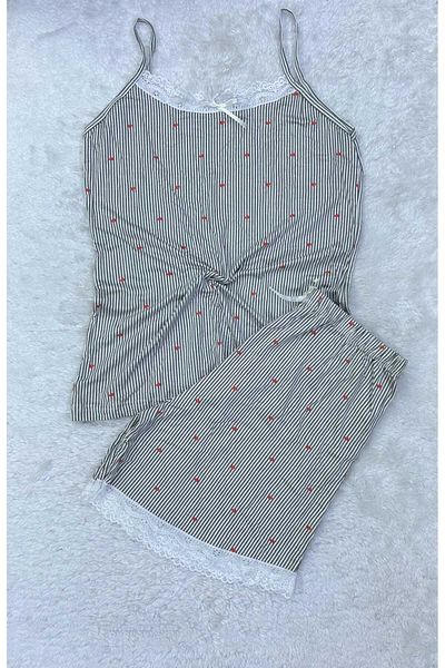 XORVİO Women's Rope Strap Gray Red Pattern Shorts Suit Lace Detailed Stylish Summer Large Size Oversize Pajamas
