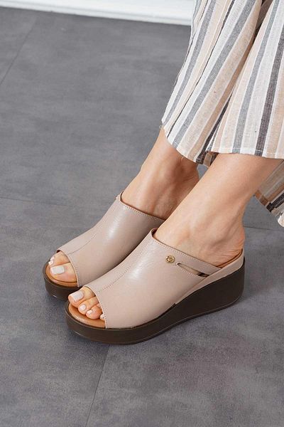 Moda Pie Γυναικείες παντόφλες Sabo από γνήσιο δέρμα με γκρι δέρμα Karet