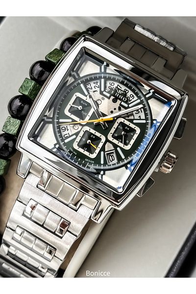 FERRO In Stylish Box, Silver Green, Steel Cord, Square Dial, Functional Men's Watch Bracelet Gift