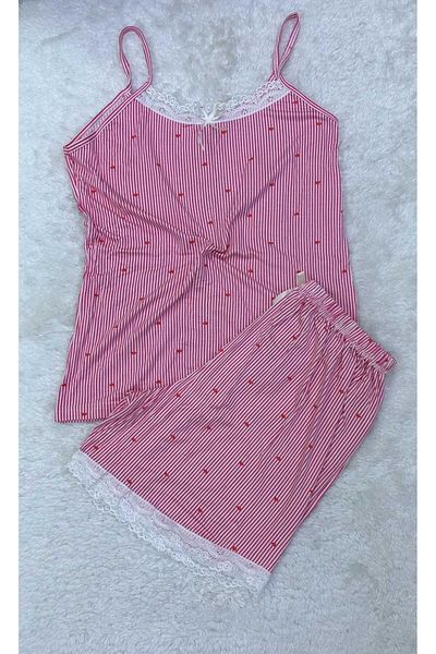 XORVİO Women's Rope Strap Red Heart Pattern Shorts Set Lace Detailed Stylish Summer Large Size Oversize Pajamas